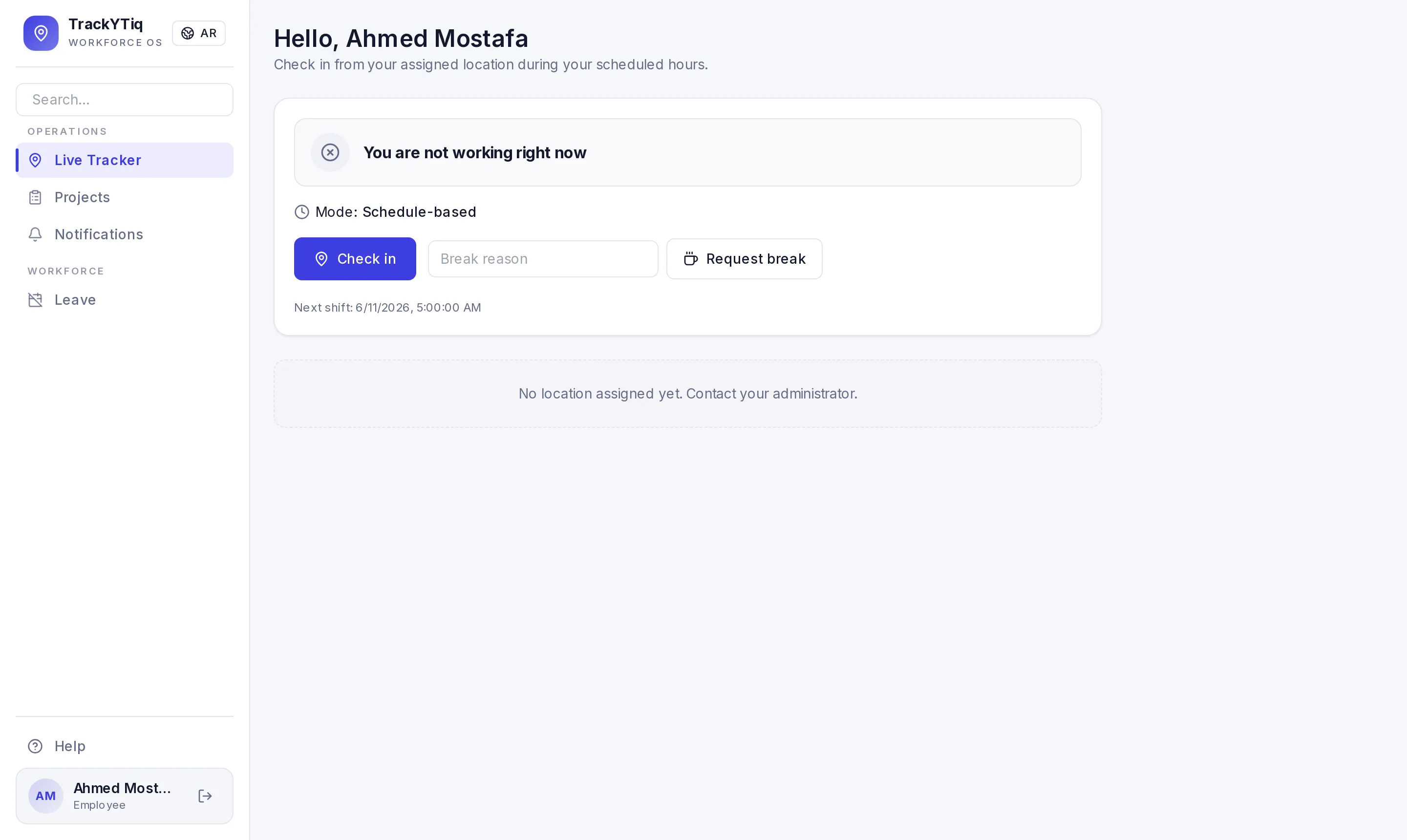 TrackYTiq employee check-in screen with live working status and next shift