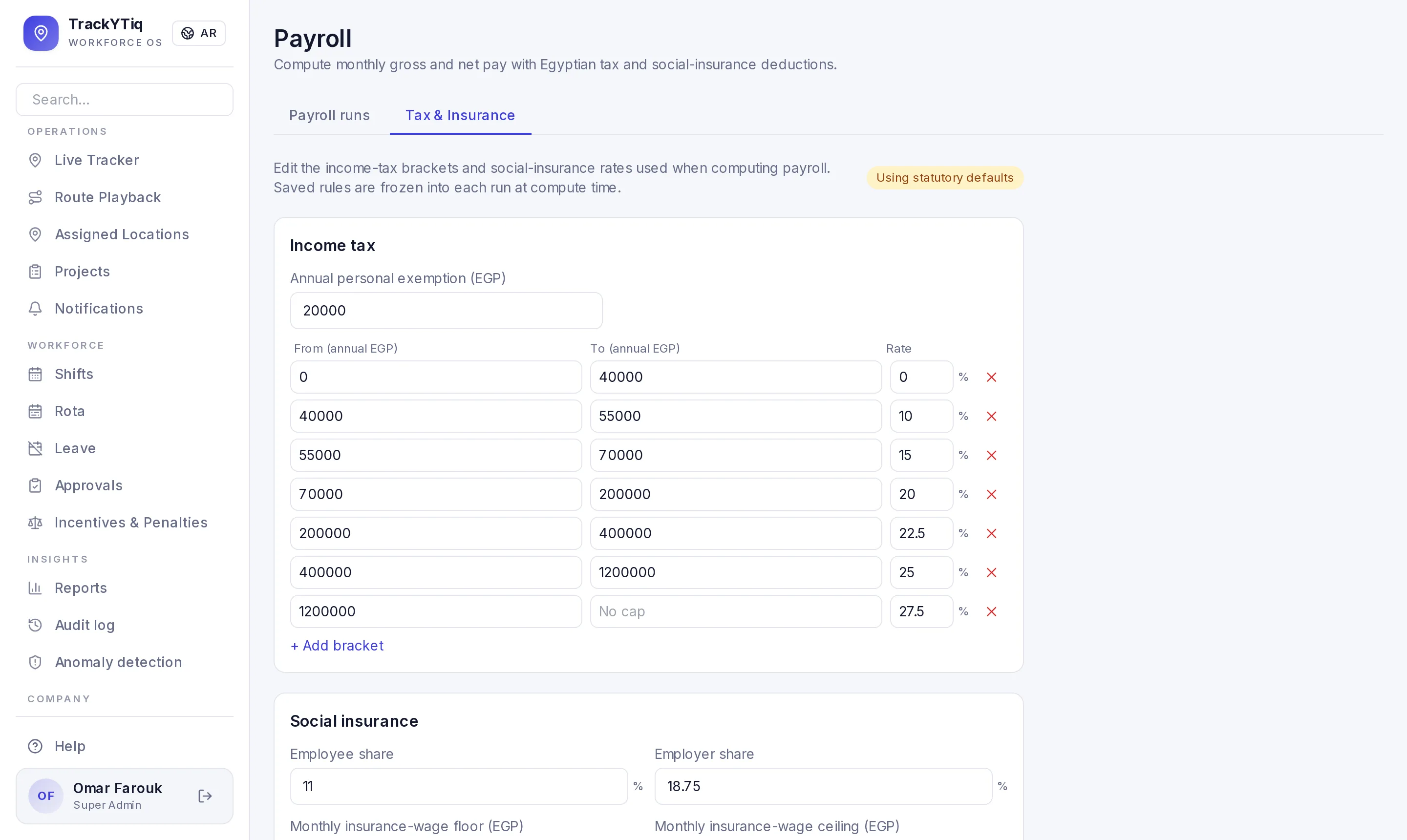 Editable Egyptian income-tax brackets and social insurance rates in TrackYTiq payroll